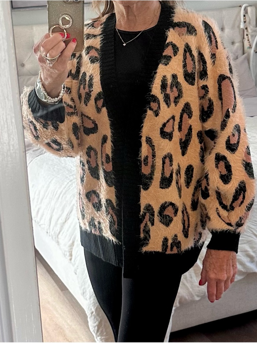 MINKPINK Leopard-Print Teddy Cardigan in Soft Peach and Black